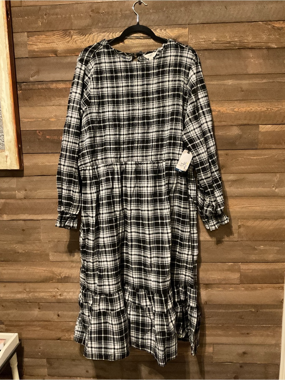 Terra & Sky Black And White Plaid Long Sleeve Tiered Maxi Dress Size 3X New NWT